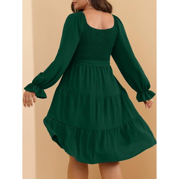 Plus Size Fall Dress Women Long Sleeve Smocked Square Neck A-Line Party - Picture 2 of 8